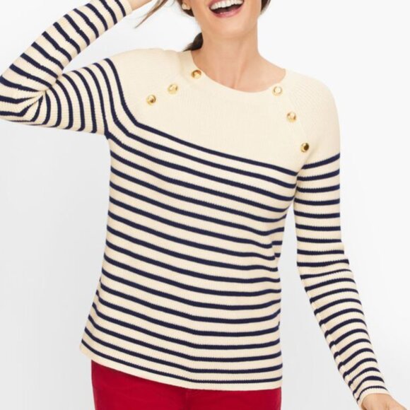 Talbots Pima Cotton Mariner Stripe Sweater XL Petite Nautical Gold Buttons - Picture 11 of 11